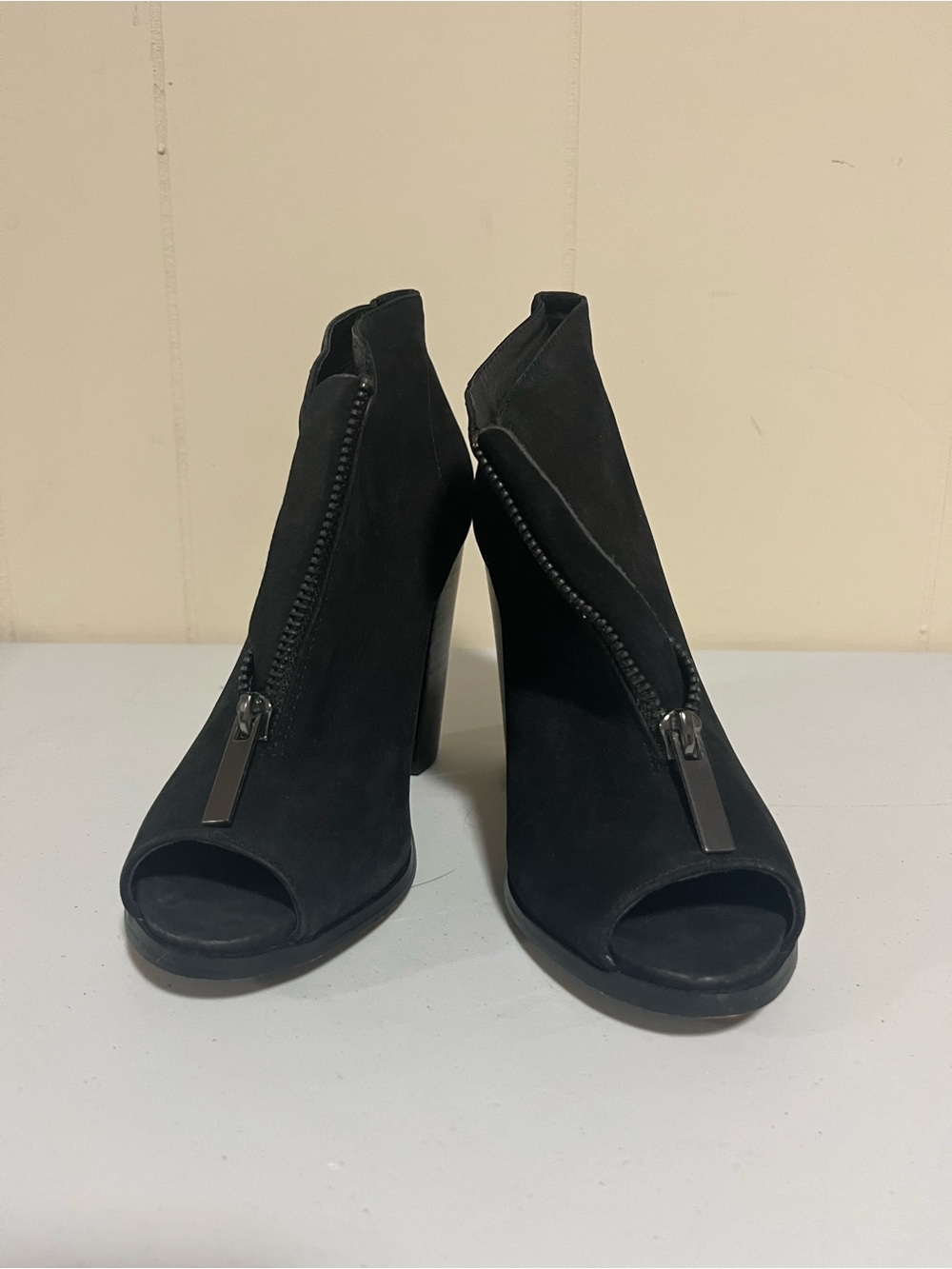 Aldo Black Peep-Toe Zip Front Block Heel Booties